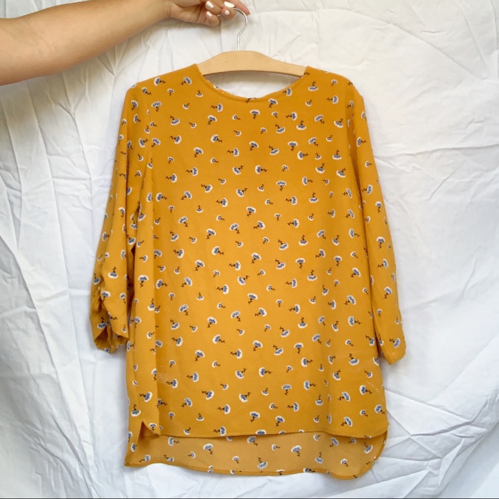 Mustard Blouse with Blue Flowers & Ruched Sleeves